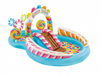 ИГРОВОЙ ЦЕНТР "ТЕРРИТОРИЯ СЛАДОСТЕЙ", INTEX 57149, 295X191X130СМ С ГОРКОЙ, РАСПЫЛИТЕЛЕМ, 2 НАД.КРУГА И 6 ШАРОВ